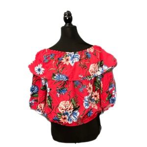 California Moonrise- Red floral off shoulder ruffle top
